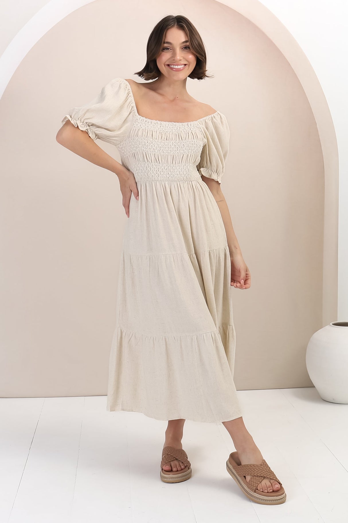 Audrey Midi Dress - On or Off Shoulder Shirred Bodice Linen Dress in Oat