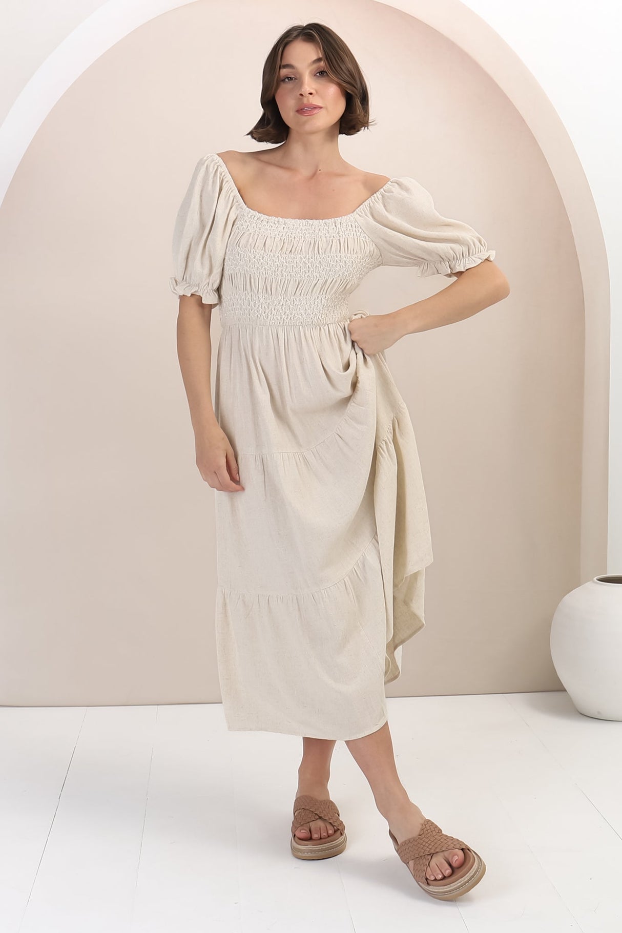 Audrey Midi Dress - On or Off Shoulder Shirred Bodice Linen Dress in Oat