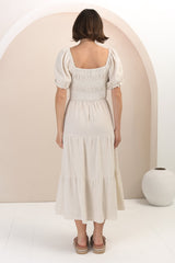 Audrey Midi Dress - On or Off Shoulder Shirred Bodice Linen Dress in Oat