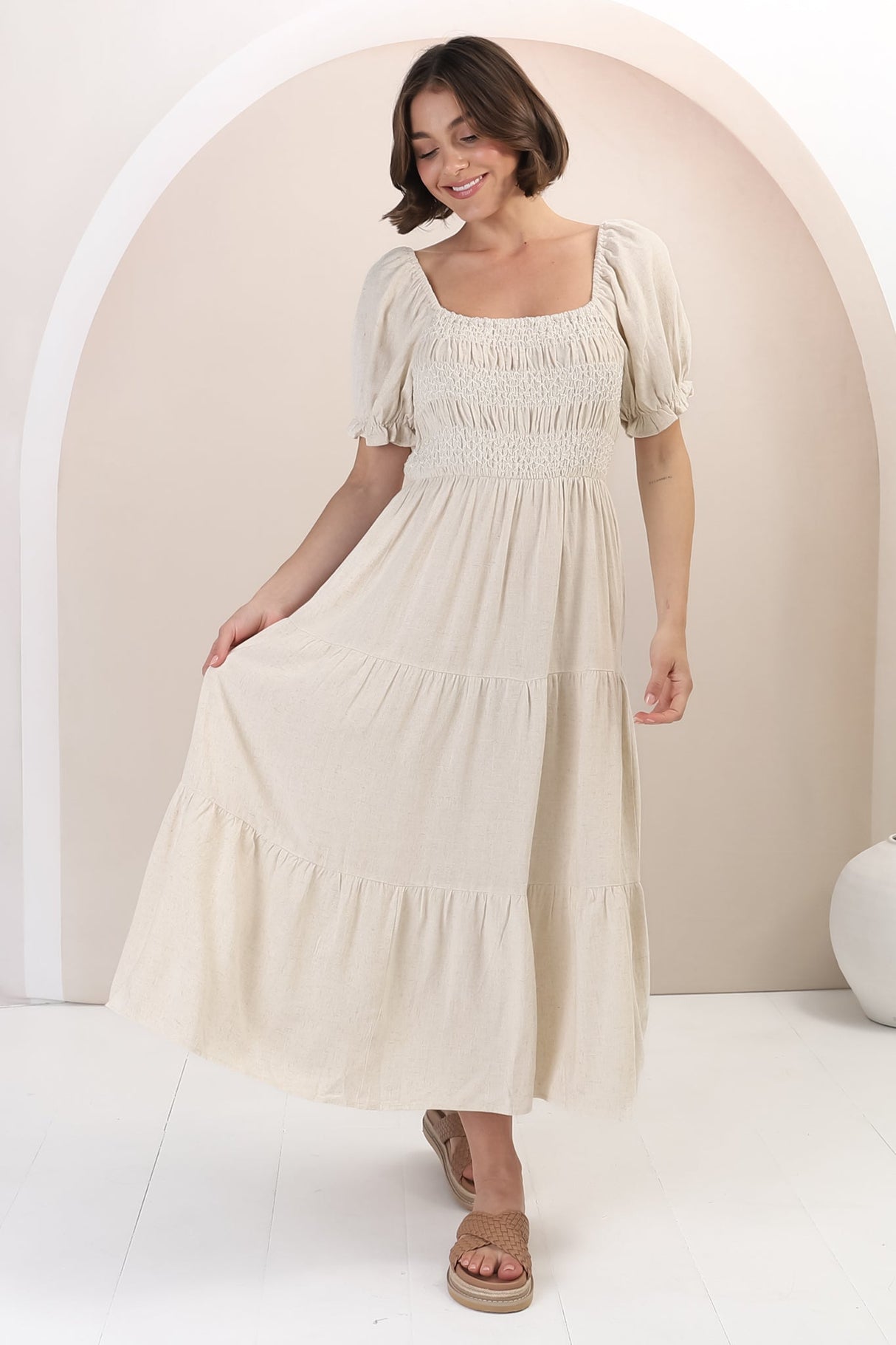 Audrey Midi Dress - On or Off Shoulder Shirred Bodice Linen Dress in Oat