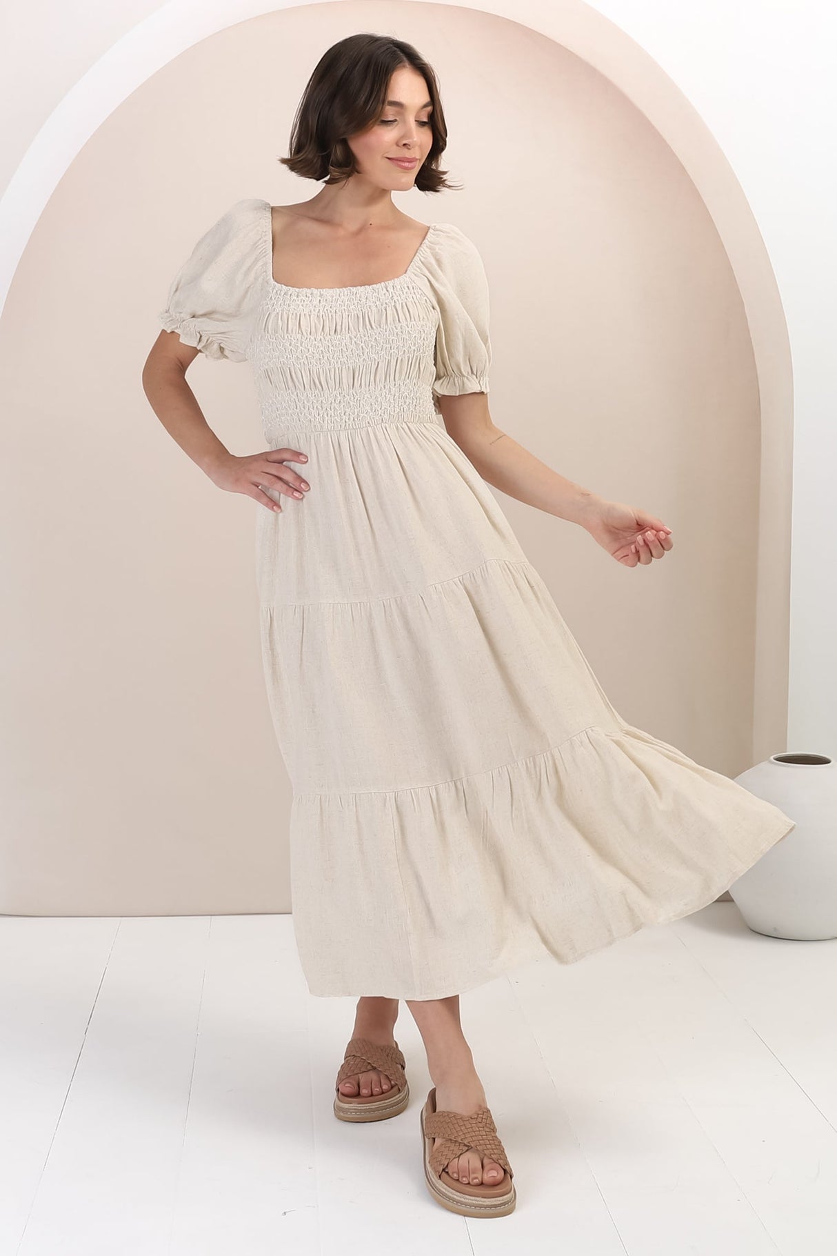 Audrey Midi Dress - On or Off Shoulder Shirred Bodice Linen Dress in Oat