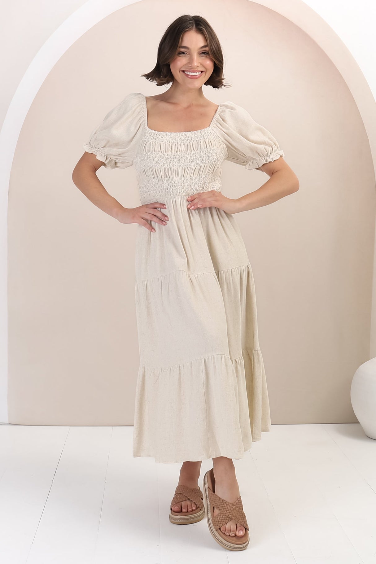 Audrey Midi Dress - On or Off Shoulder Shirred Bodice Linen Dress in Oat