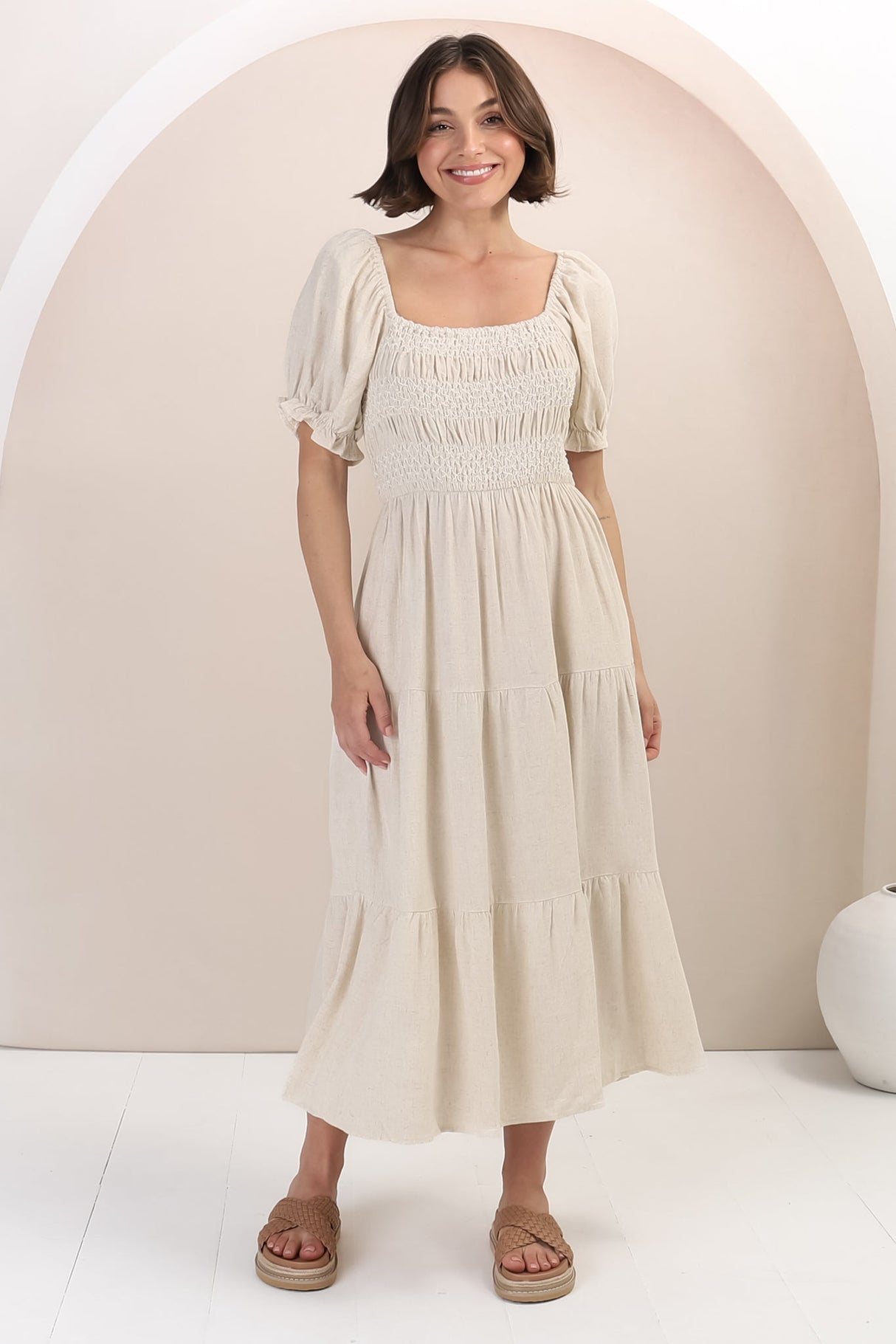 Audrey Midi Dress - On or Off Shoulder Shirred Bodice Linen Dress in Oat