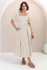 Audrey Midi Dress - On or Off Shoulder Shirred Bodice Linen Dress in Oat