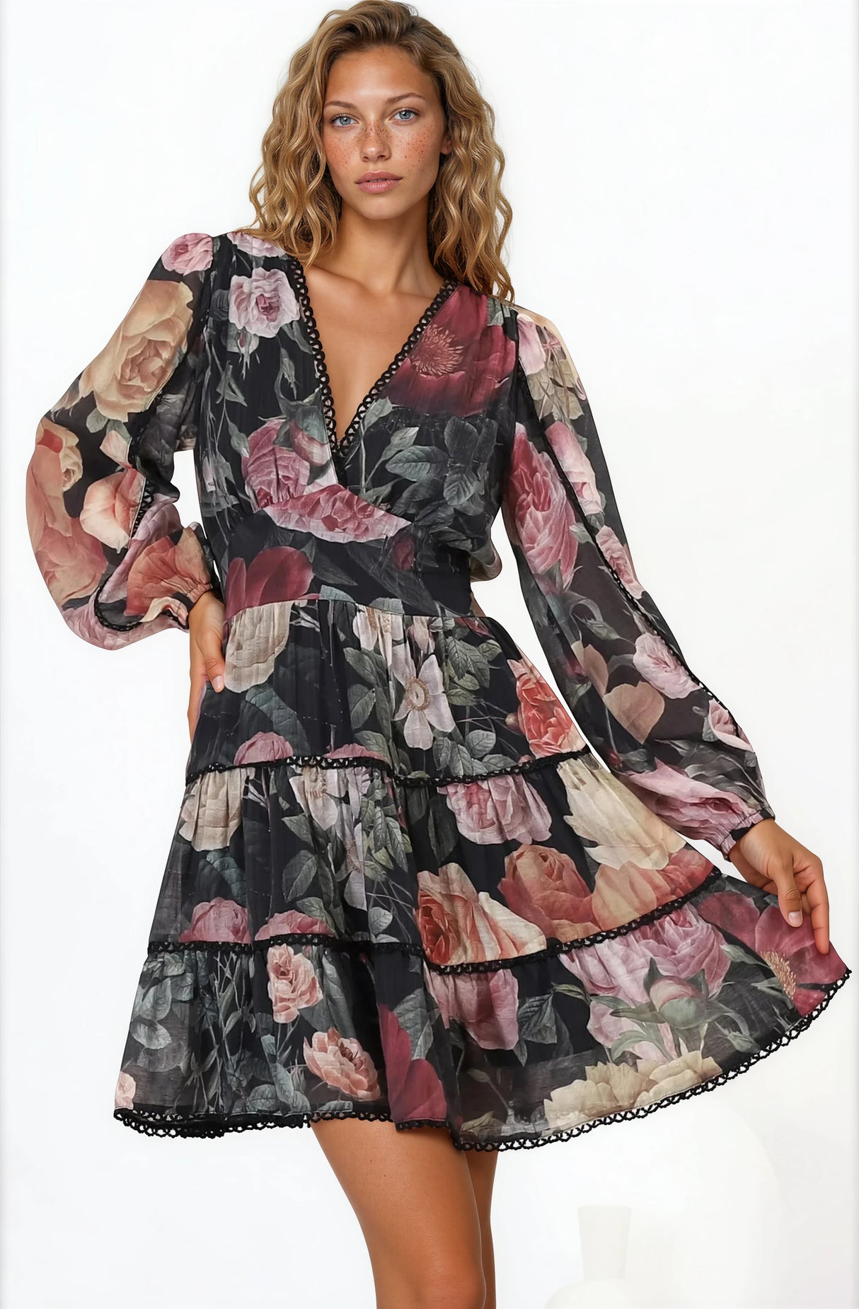 Model wearing Audrey Mini Dress in Bortie Print Black from Salty Crush