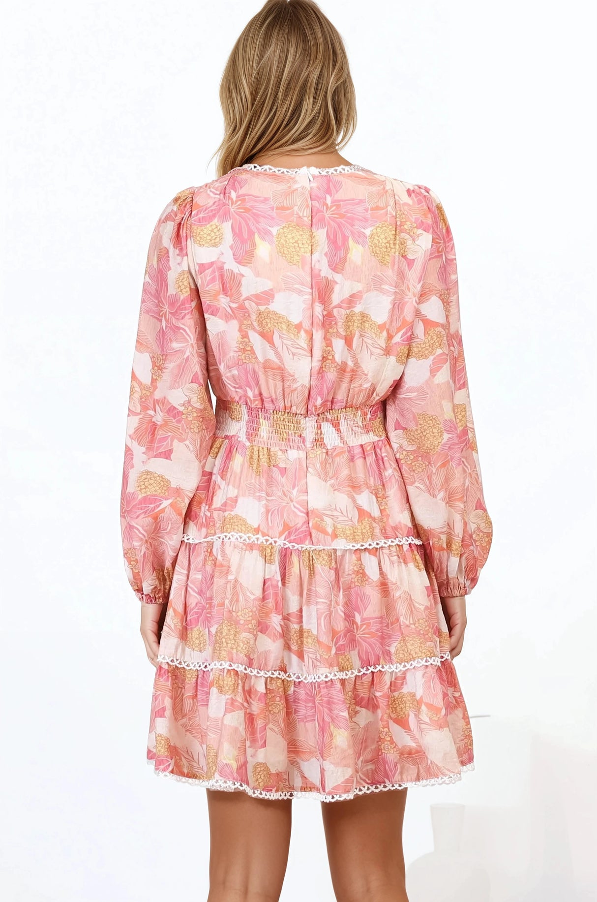 Audrey Mini Dress - Delicately Detailed Tiered A-Line Dress in Lola Print Pink