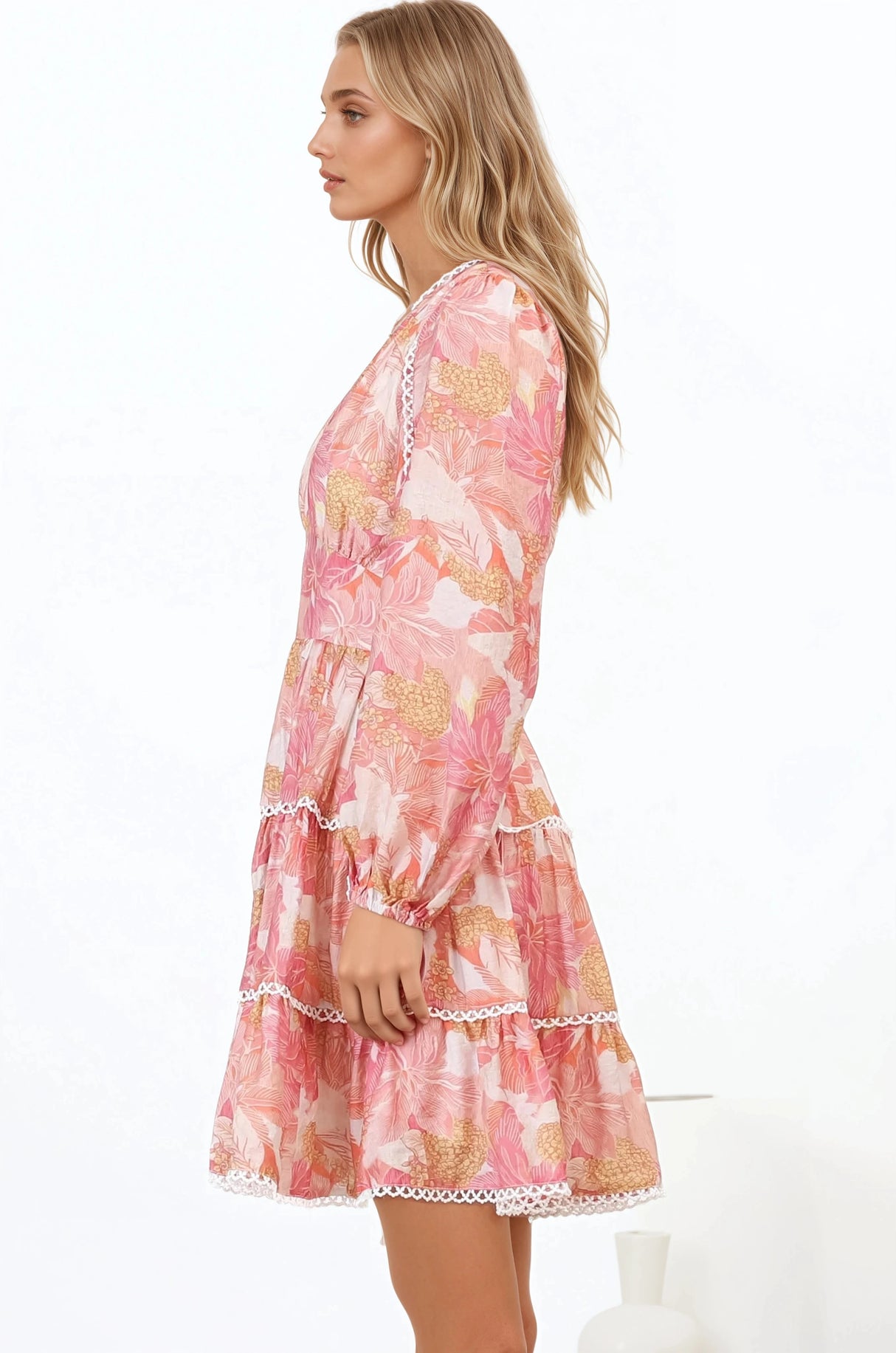 Audrey Mini Dress - Delicately Detailed Tiered A-Line Dress in Lola Print Pink