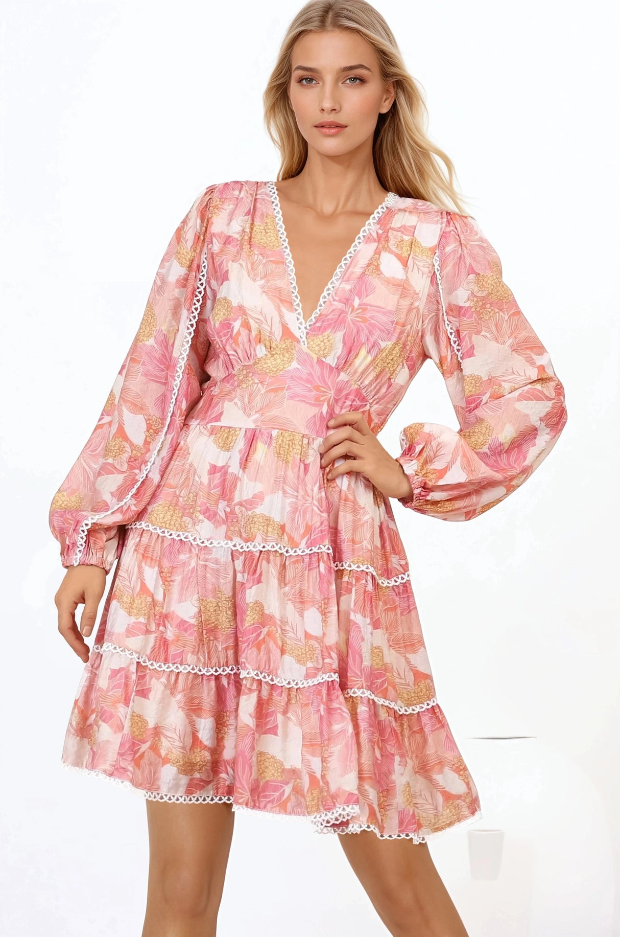 Audrey Mini Dress - Delicately Detailed Tiered A-Line Dress in Lola Print Pink