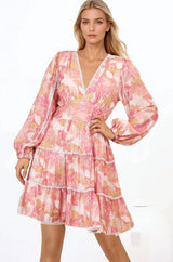 Audrey Mini Dress - Delicately Detailed Tiered A-Line Dress in Lola Print Pink