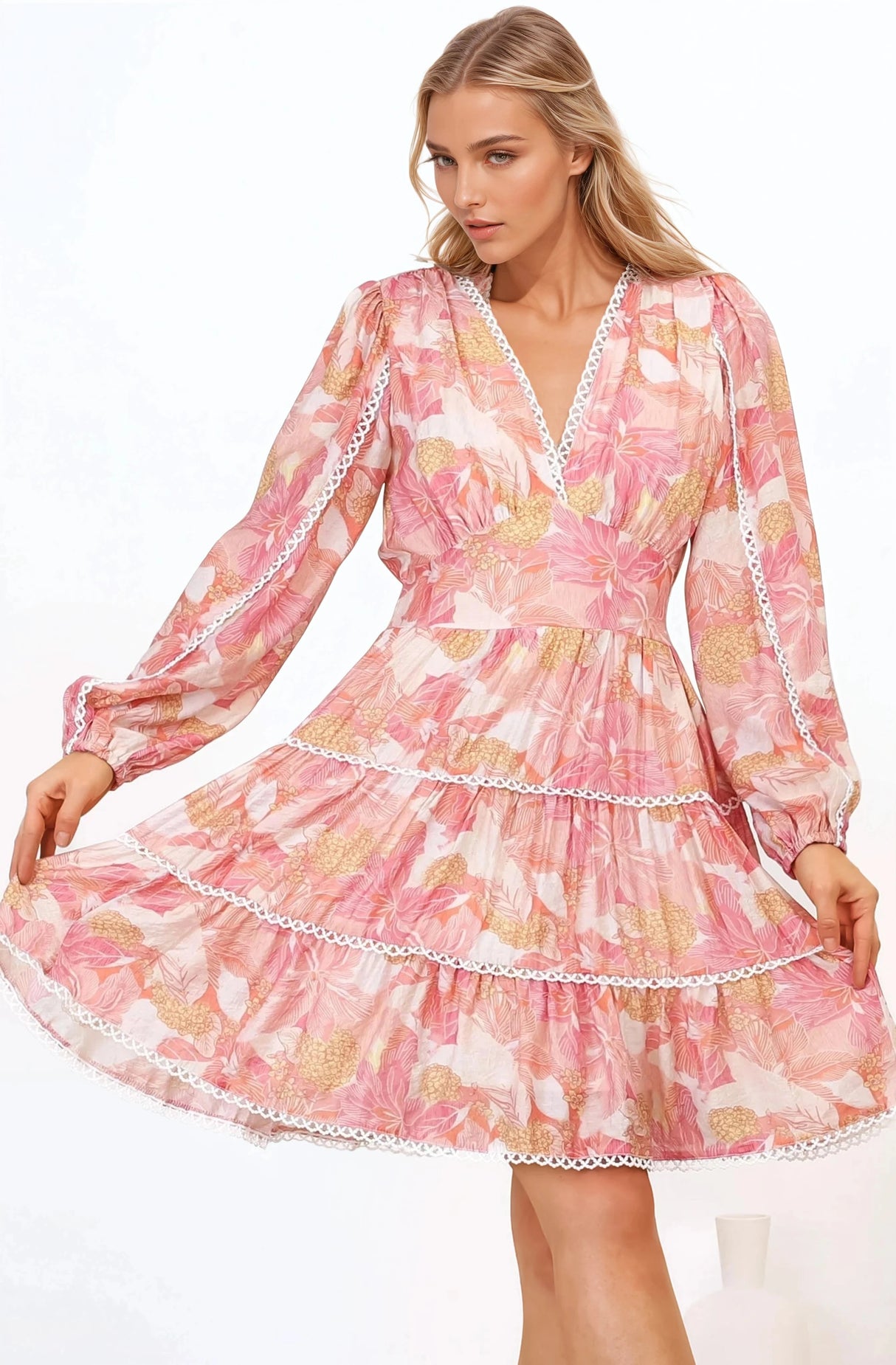 Audrey Mini Dress - Delicately Detailed Tiered A-Line Dress in Lola Print Pink