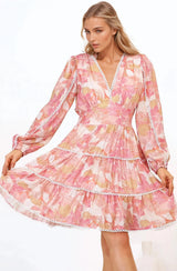 Audrey Mini Dress - Delicately Detailed Tiered A-Line Dress in Lola Print Pink