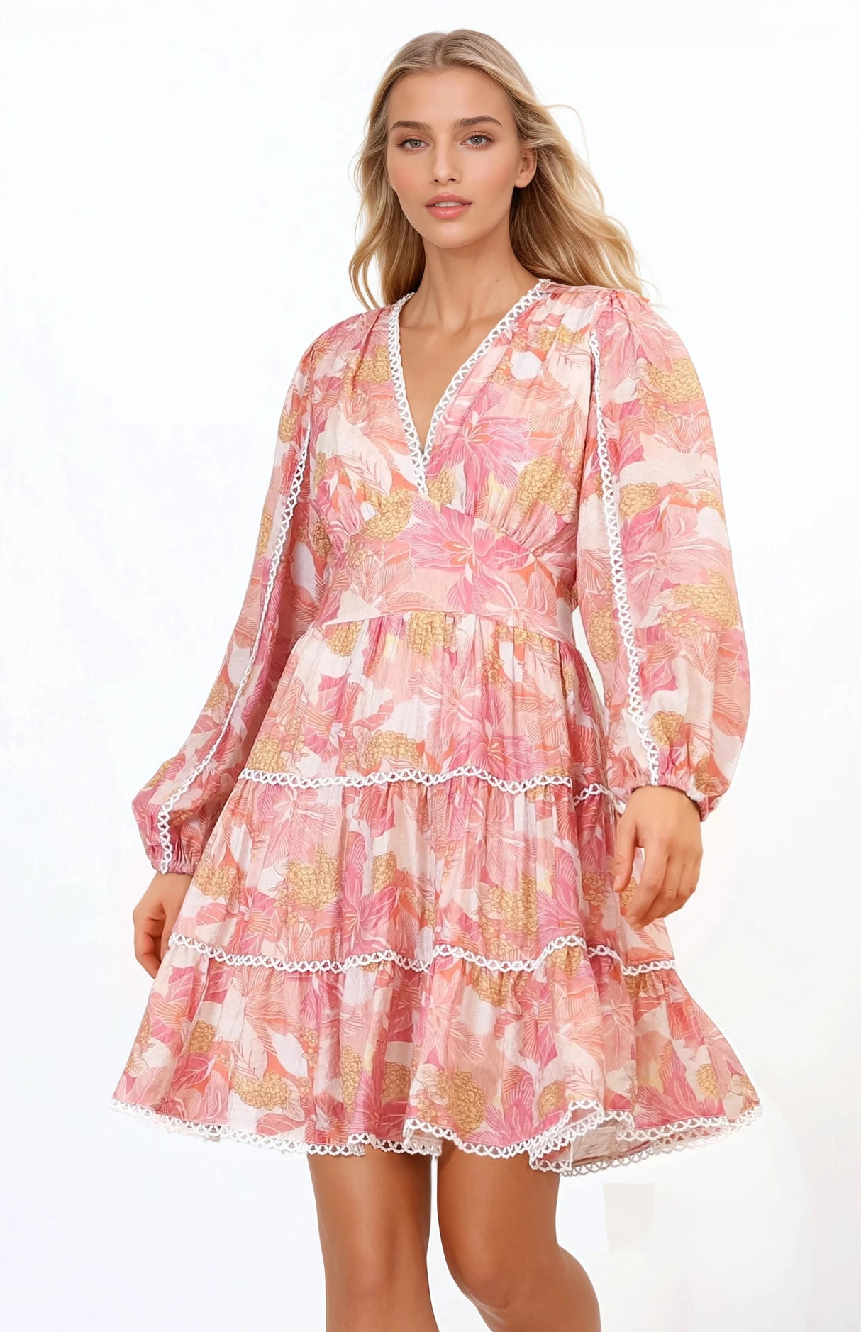 Audrey Mini Dress - Delicately Detailed Tiered A-Line Dress in Lola Print Pink