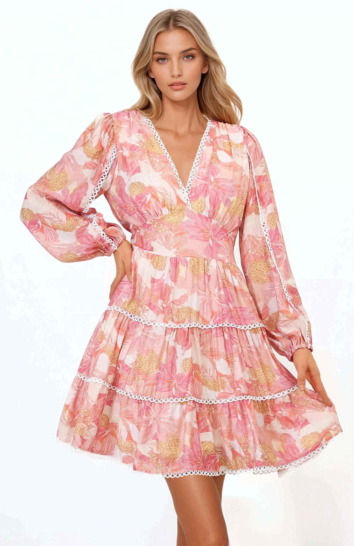 Audrey Mini Dress - Delicately Detailed Tiered A-Line Dress in Lola Print Pink