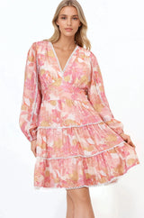 Audrey Mini Dress - Delicately Detailed Tiered A-Line Dress in Lola Print Pink