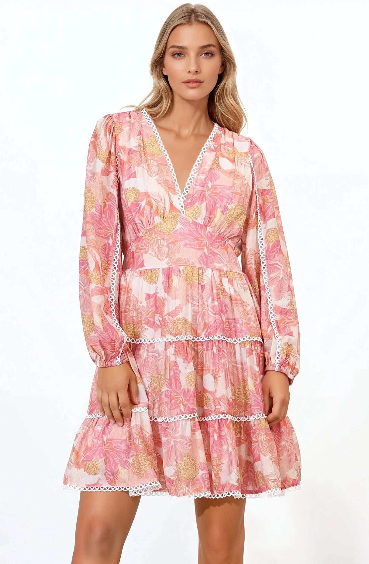 Audrey Mini Dress - Delicately Detailed Tiered A-Line Dress in Lola Print Pink