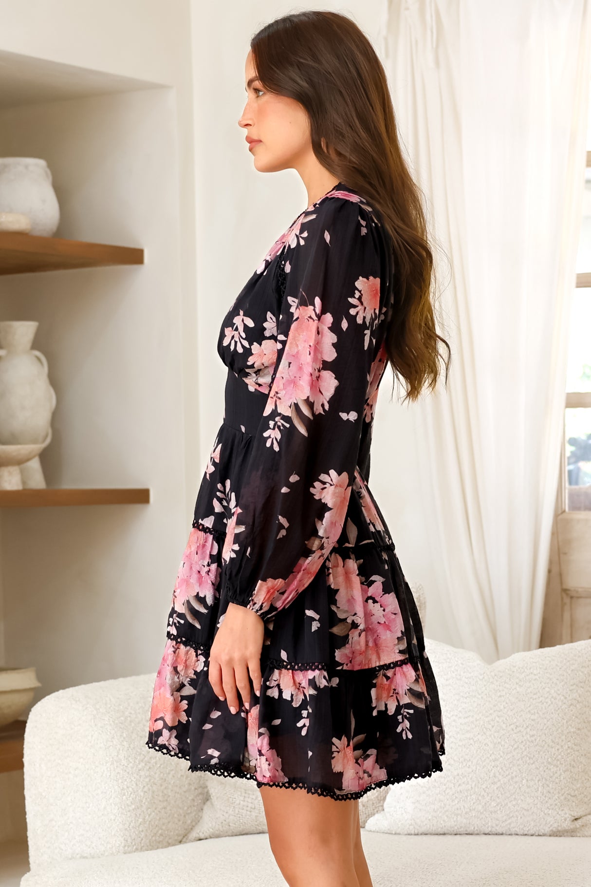 Audrey Mini Dress - Delicately Detailed Tiered A-Line Dress in Odessa Print