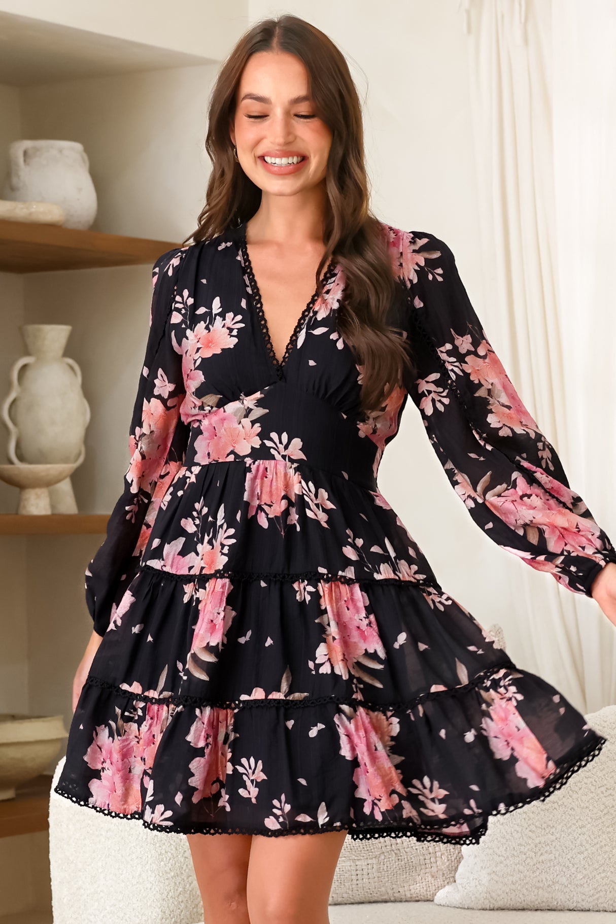 Audrey Mini Dress - Delicately Detailed Tiered A-Line Dress in Odessa Print