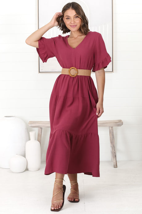 Audrina Midi Dress -  V-Neck Tiered Linen Dress with Pockets in Burgundy