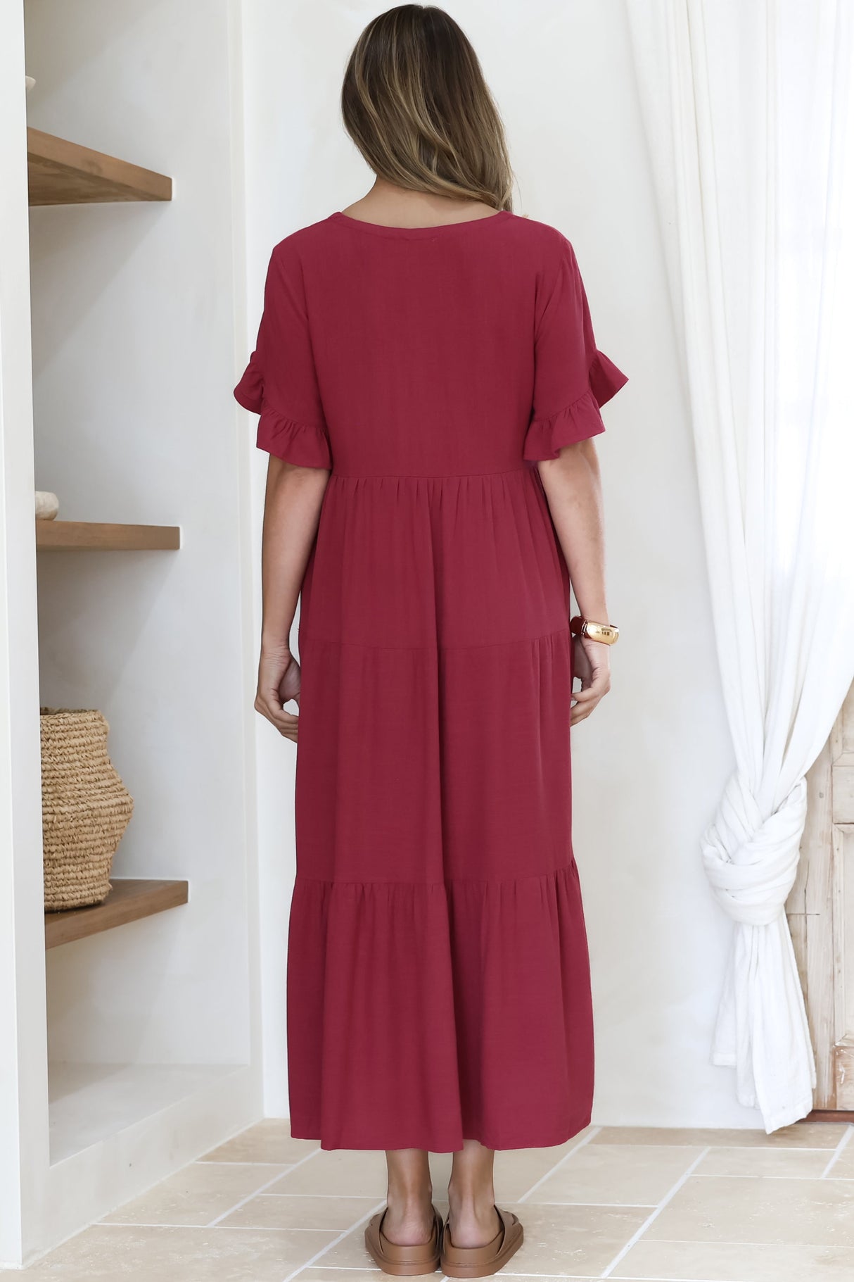 Audrina Midi Dress -  V-Neck Tiered Linen Dress with Pockets in Burgundy