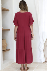 Audrina Midi Dress -  V-Neck Tiered Linen Dress with Pockets in Burgundy