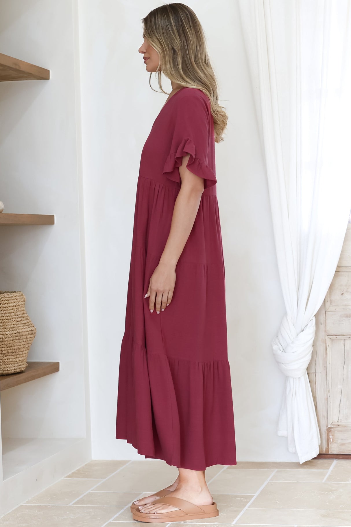 Audrina Midi Dress -  V-Neck Tiered Linen Dress with Pockets in Burgundy