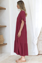 Audrina Midi Dress -  V-Neck Tiered Linen Dress with Pockets in Burgundy