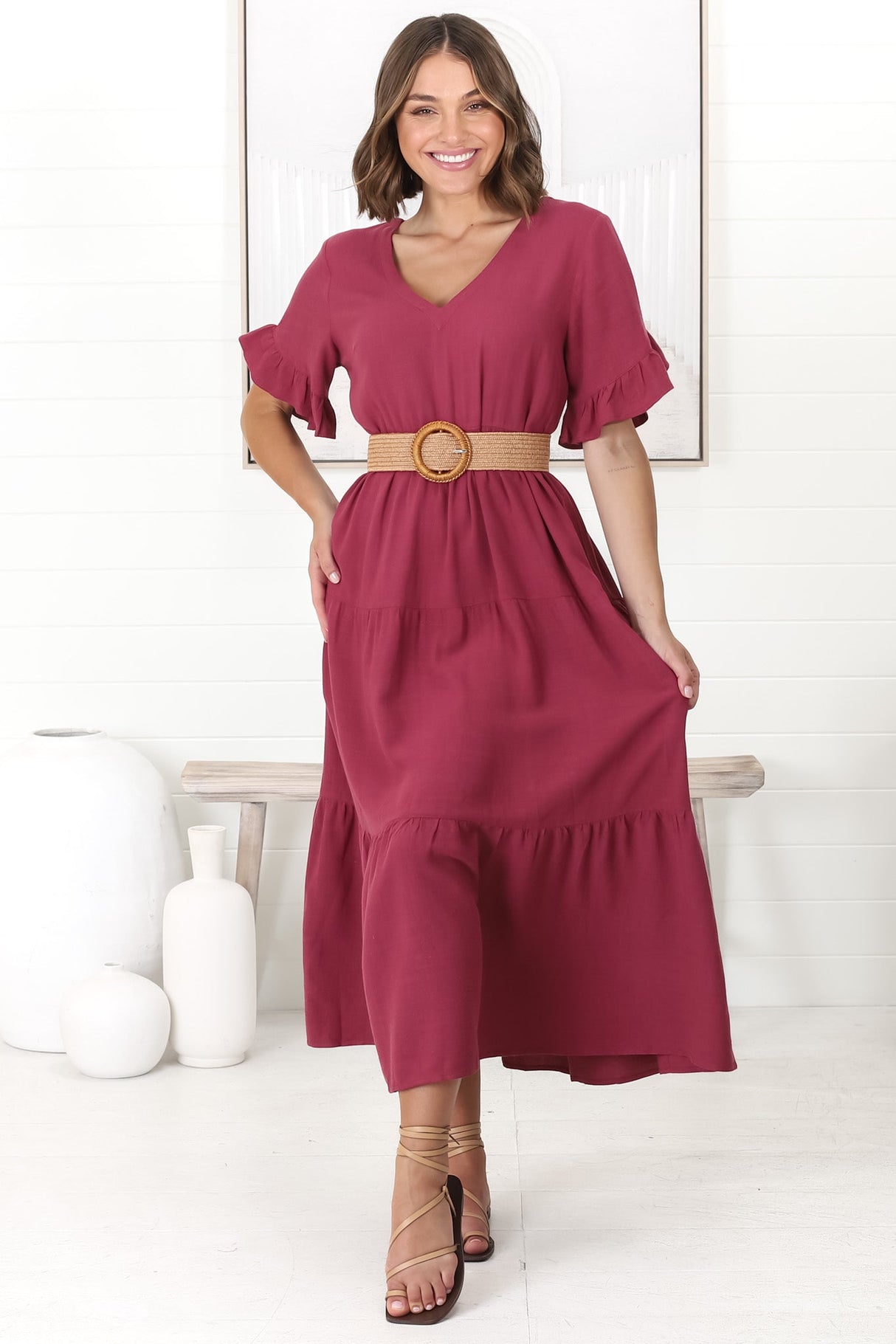 Audrina Midi Dress -  V-Neck Tiered Linen Dress with Pockets in Burgundy