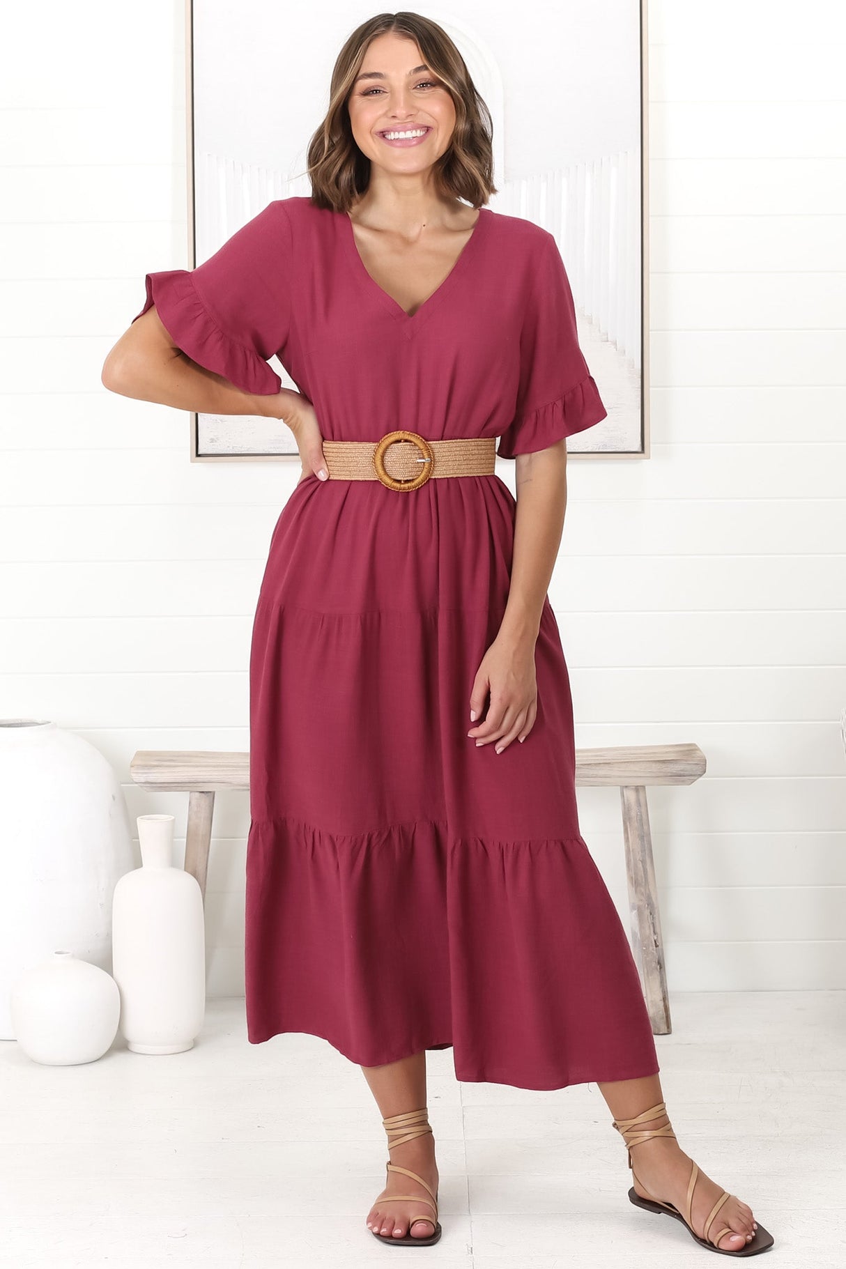Audrina Midi Dress -  V-Neck Tiered Linen Dress with Pockets in Burgundy