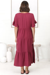 Audrina Midi Dress -  V-Neck Tiered Linen Dress with Pockets in Burgundy