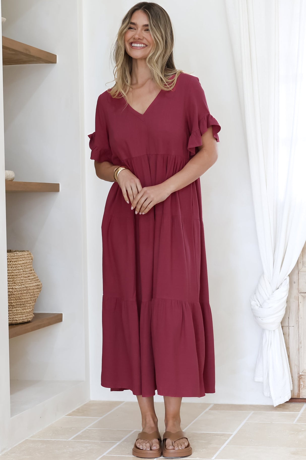 Audrina Midi Dress -  V-Neck Tiered Linen Dress with Pockets in Burgundy