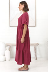 Audrina Midi Dress -  V-Neck Tiered Linen Dress with Pockets in Burgundy