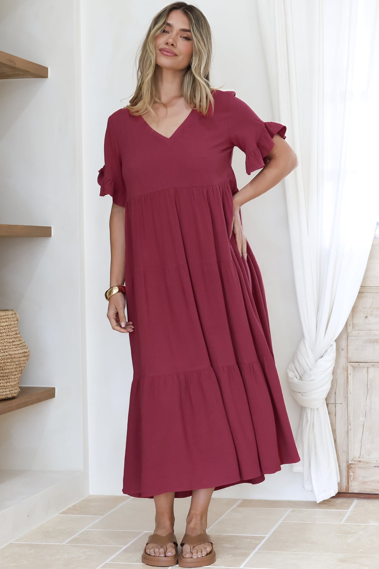 Audrina Midi Dress -  V-Neck Tiered Linen Dress with Pockets in Burgundy