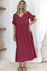 Audrina Midi Dress -  V-Neck Tiered Linen Dress with Pockets in Burgundy