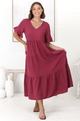 Audrina Midi Dress -  V-Neck Tiered Linen Dress with Pockets in Burgundy