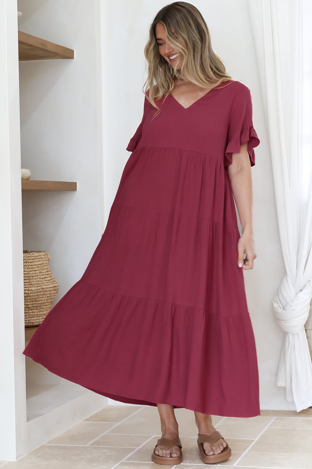 Audrina Midi Dress -  V-Neck Tiered Linen Dress with Pockets in Burgundy