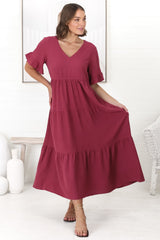 Audrina Midi Dress -  V-Neck Tiered Linen Dress with Pockets in Burgundy