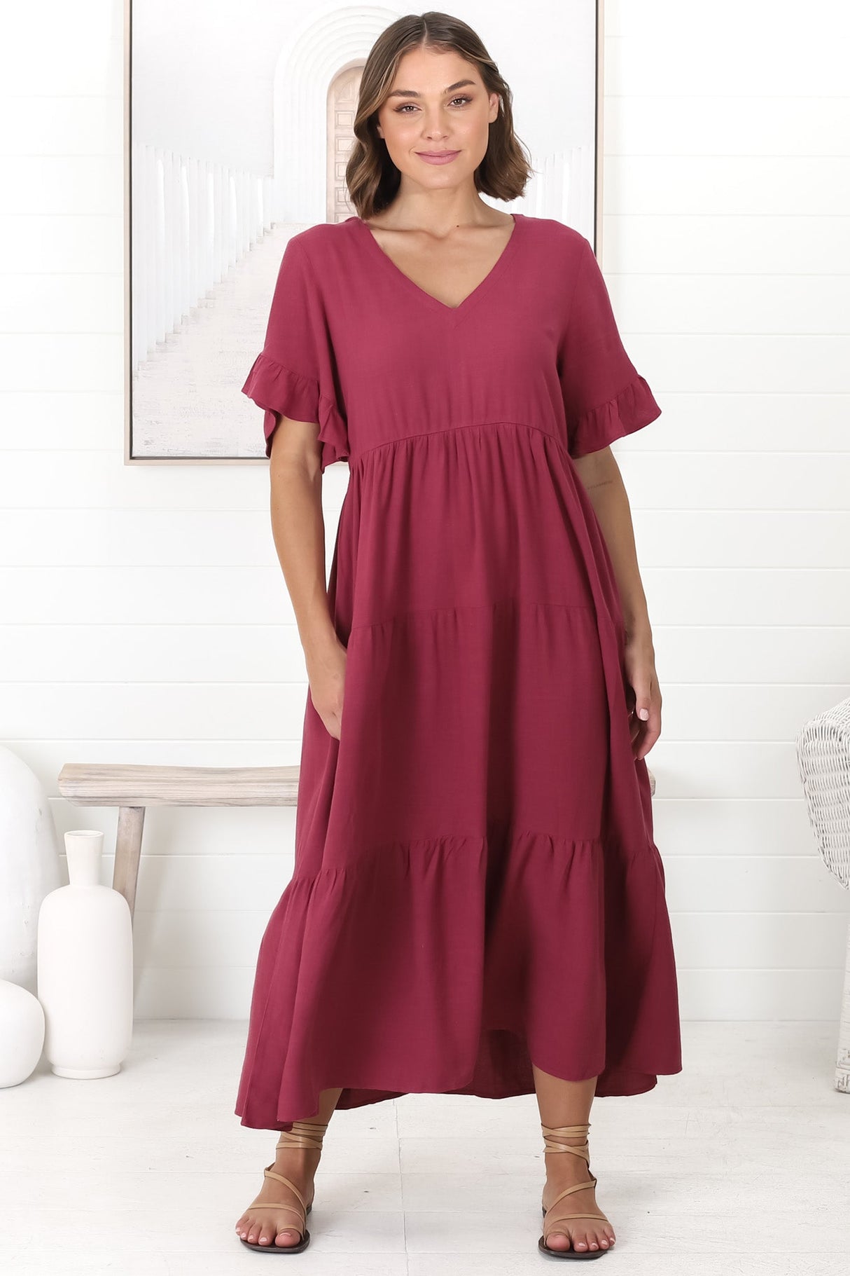 Audrina Midi Dress -  V-Neck Tiered Linen Dress with Pockets in Burgundy