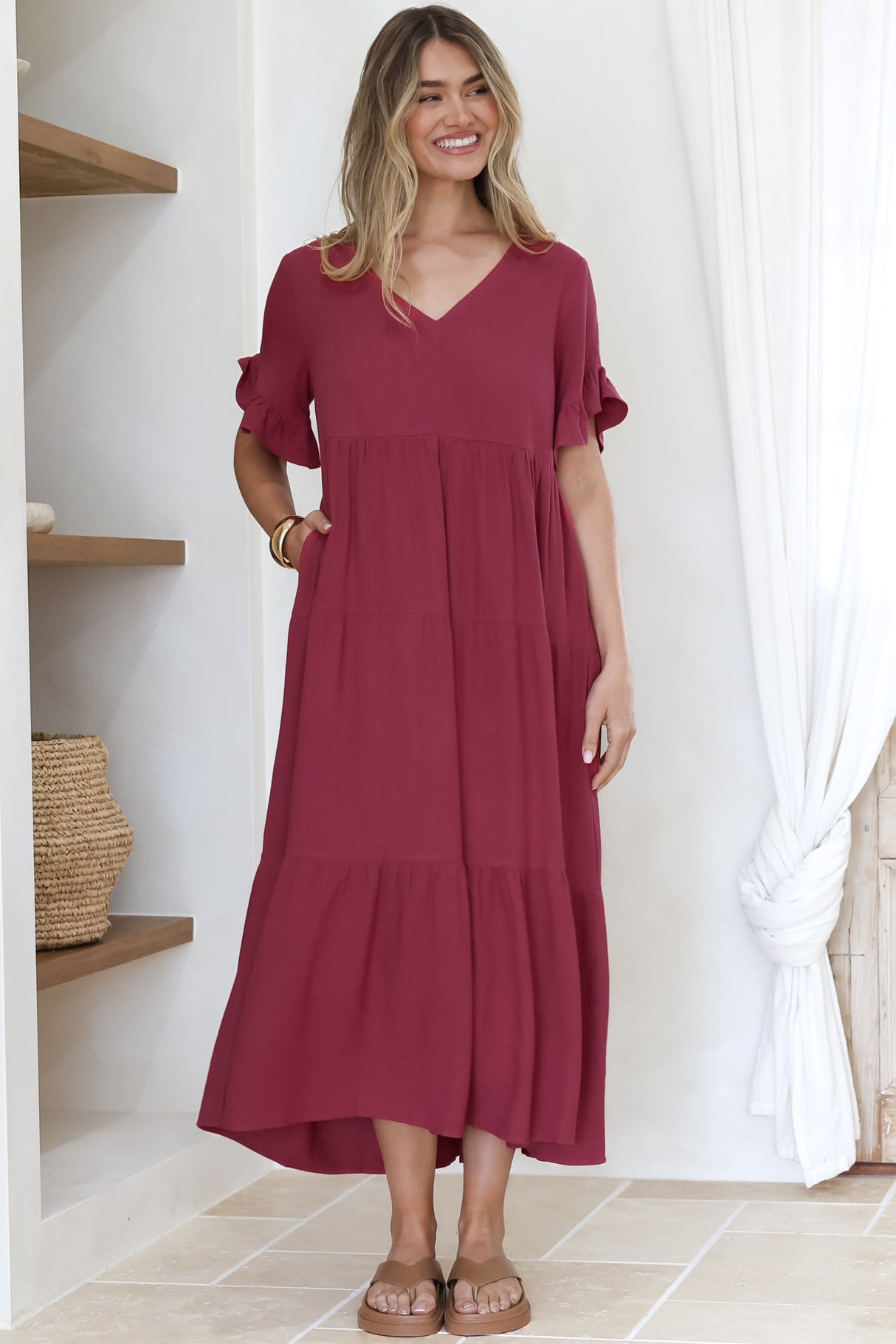 Audrina Midi Dress -  V-Neck Tiered Linen Dress with Pockets in Burgundy