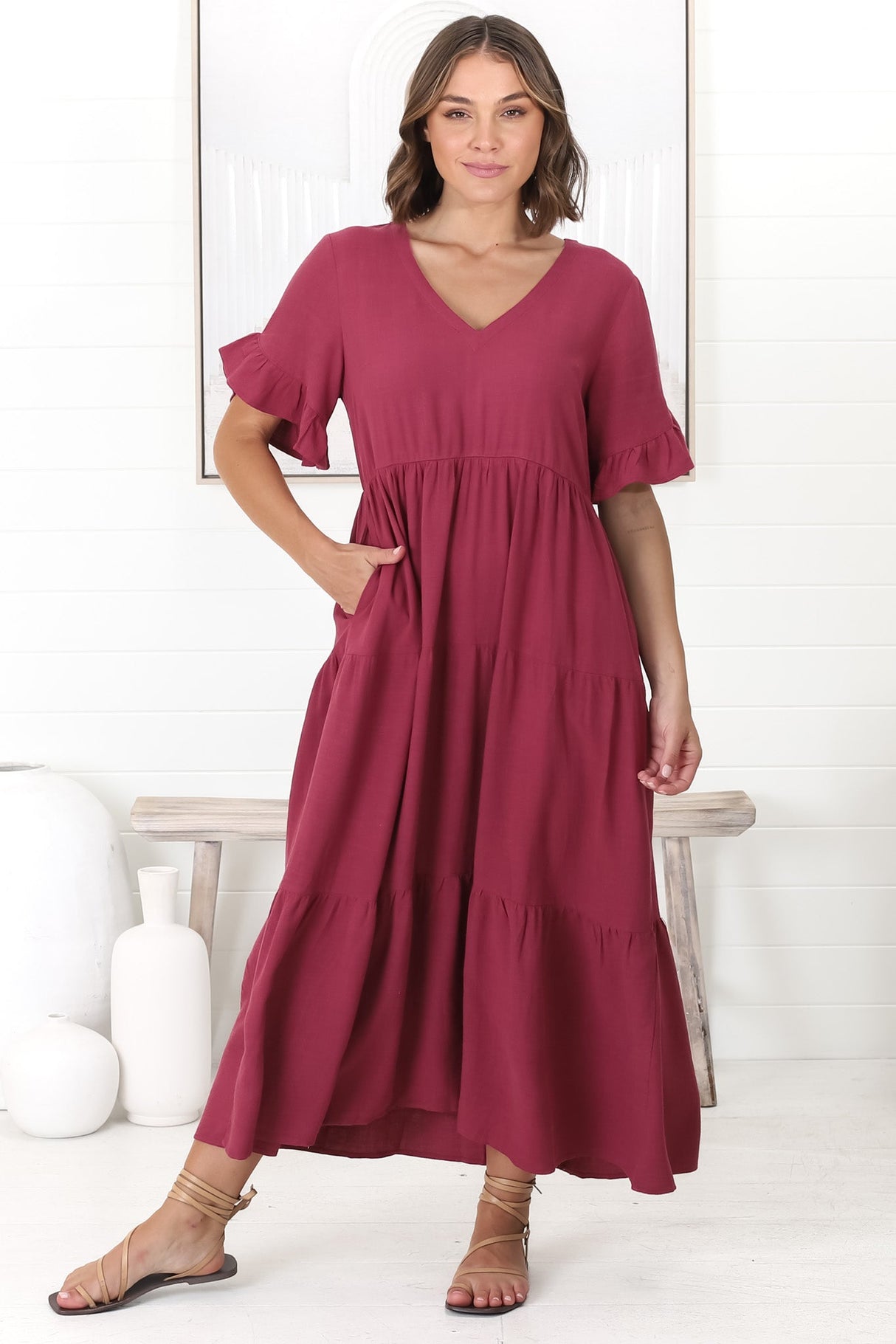Audrina Midi Dress -  V-Neck Tiered Linen Dress with Pockets in Burgundy