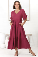 Audrina Midi Dress -  V-Neck Tiered Linen Dress with Pockets in Burgundy