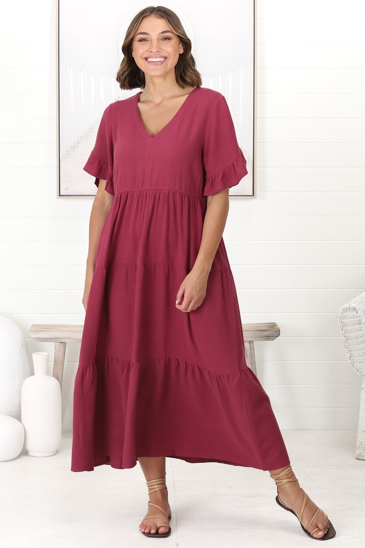 Audrina Midi Dress -  V-Neck Tiered Linen Dress with Pockets in Burgundy