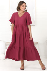 Audrina Midi Dress -  V-Neck Tiered Linen Dress with Pockets in Burgundy