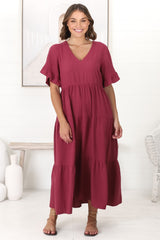 Audrina Midi Dress -  V-Neck Tiered Linen Dress with Pockets in Burgundy
