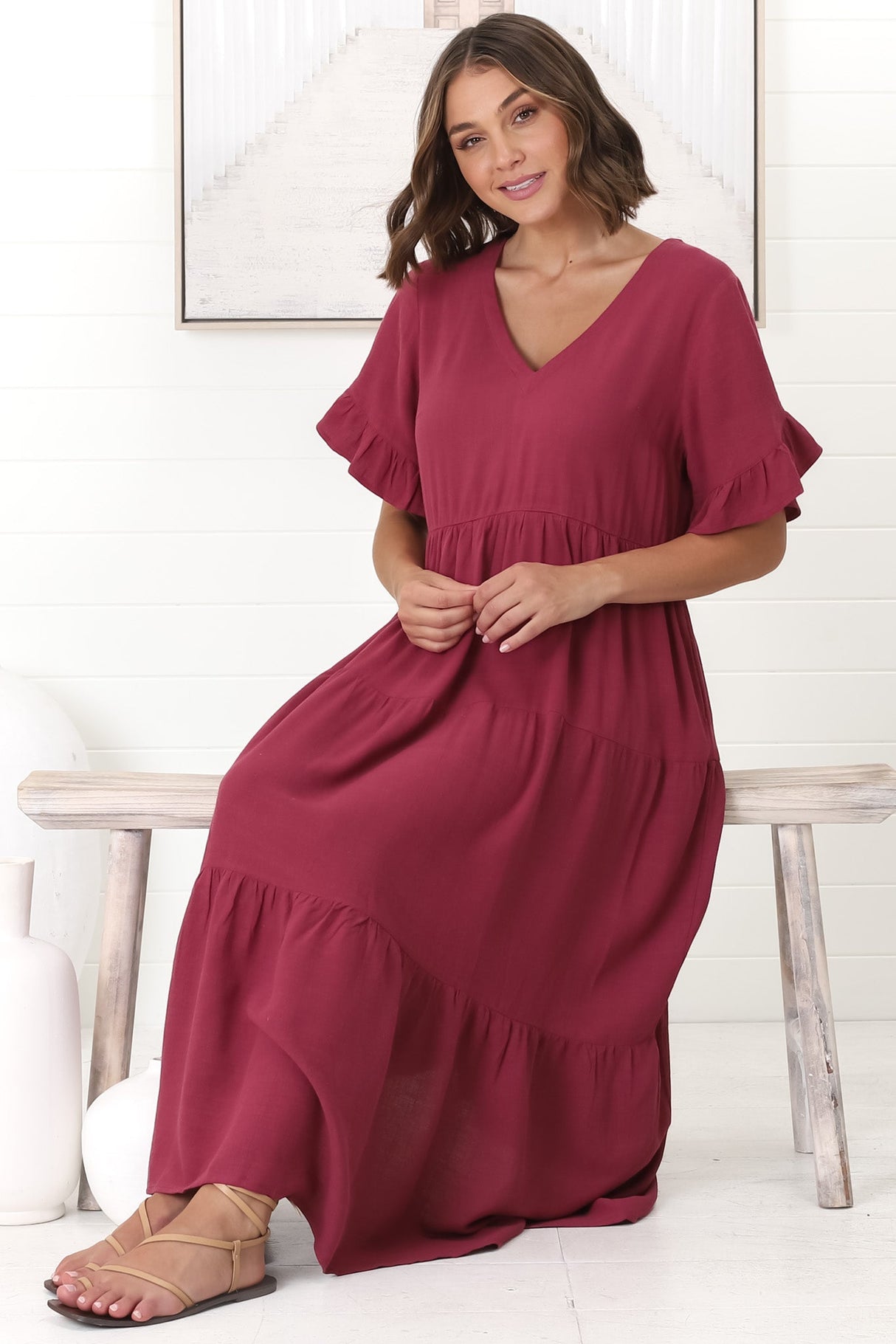 Audrina Midi Dress -  V-Neck Tiered Linen Dress with Pockets in Burgundy