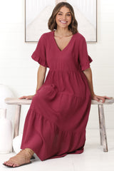 Audrina Midi Dress -  V-Neck Tiered Linen Dress with Pockets in Burgundy