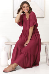 Audrina Midi Dress -  V-Neck Tiered Linen Dress with Pockets in Burgundy