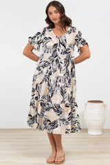 Audrina Midi Dress -  V-Neck Tiered Linen Dress with Pockets in Chicago Print