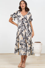Audrina Midi Dress -  V-Neck Tiered Linen Dress with Pockets in Chicago Print
