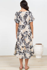 Audrina Midi Dress -  V-Neck Tiered Linen Dress with Pockets in Chicago Print