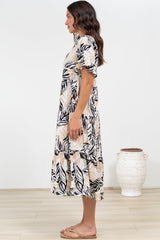 Audrina Midi Dress -  V-Neck Tiered Linen Dress with Pockets in Chicago Print
